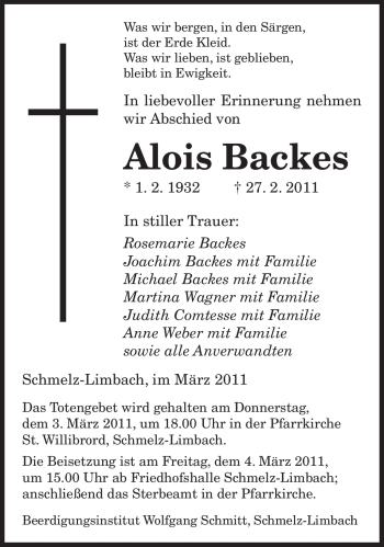 Traueranzeige von Alois Backes von SAARBRÜCKER ZEITUNG