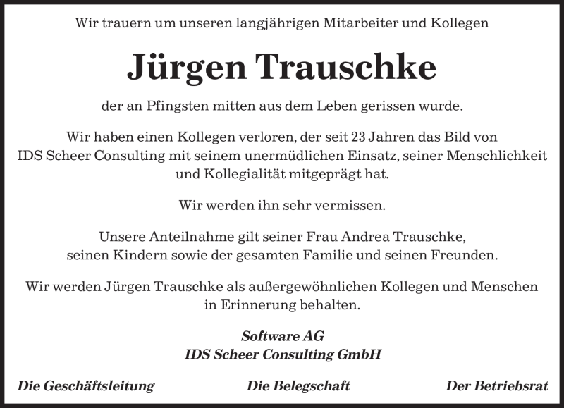  Traueranzeige für Jürgen Trauschke vom 02.06.2012 aus SAARBRÜCKER ZEITUNG