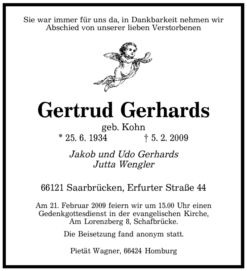  Traueranzeige für Gertrud Gerhards vom 14.02.2009 aus SAARBRÜCKER ZEITUNG