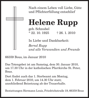 Traueranzeige von Helene Rupp von SAARBRÜCKER ZEITUNG