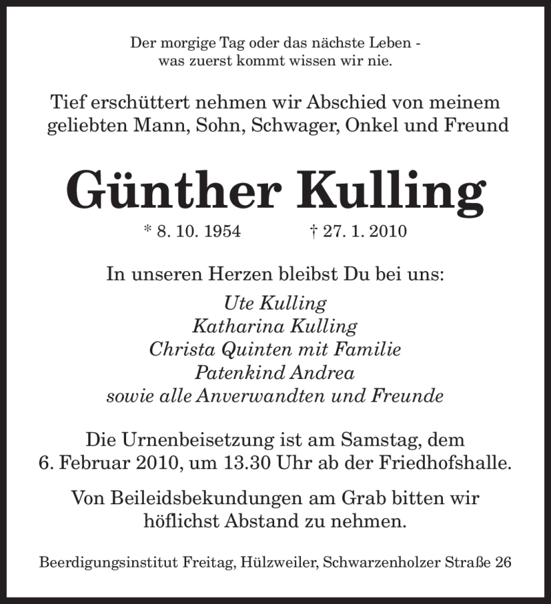  Traueranzeige für Günther Kulling vom 05.02.2010 aus SAARBRÜCKER ZEITUNG