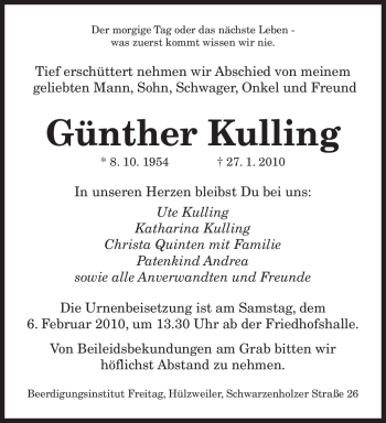Traueranzeige von Günther Kulling von SAARBRÜCKER ZEITUNG
