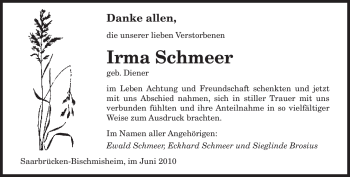 Traueranzeige von Irma Schmeer von SAARBRÜCKER ZEITUNG