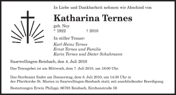Traueranzeige von Katharina Ternes von SAARBRÜCKER ZEITUNG