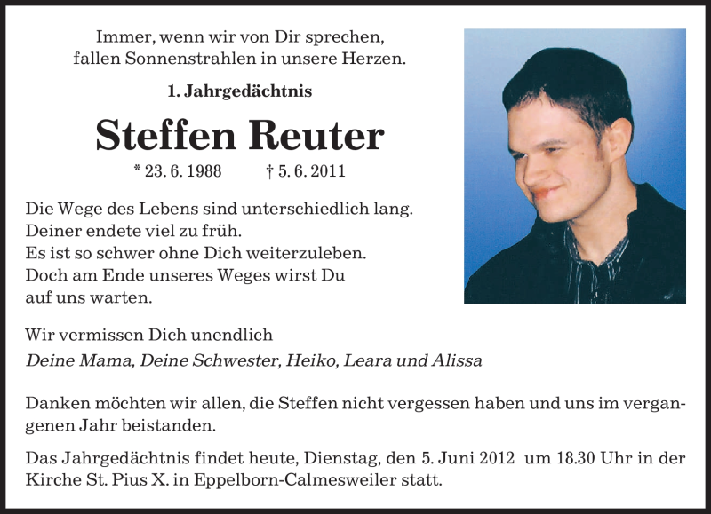  Traueranzeige für Steffen Reuter vom 05.06.2012 aus SAARBRÜCKER ZEITUNG