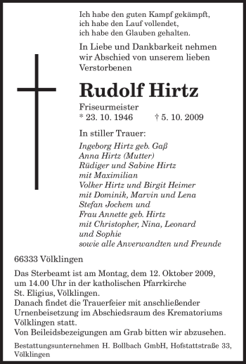 Traueranzeige von Rudolf Hirtz von SAARBRÜCKER ZEITUNG