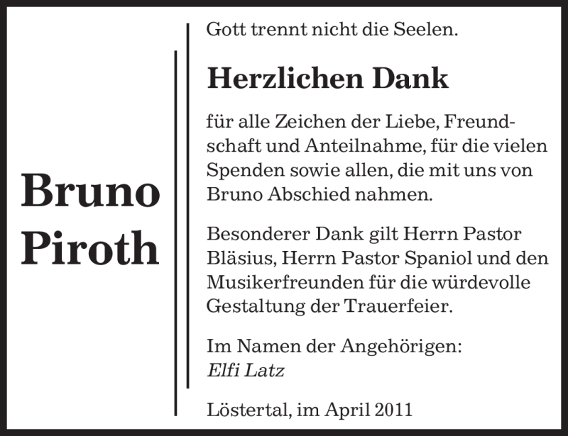  Traueranzeige für Bruno Piroth vom 06.04.2011 aus SAARBRÜCKER ZEITUNG