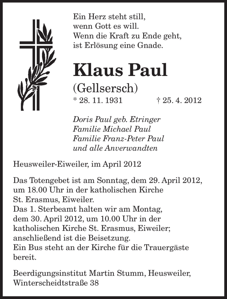  Traueranzeige für Klaus Paul vom 27.04.2012 aus SAARBRÜCKER ZEITUNG