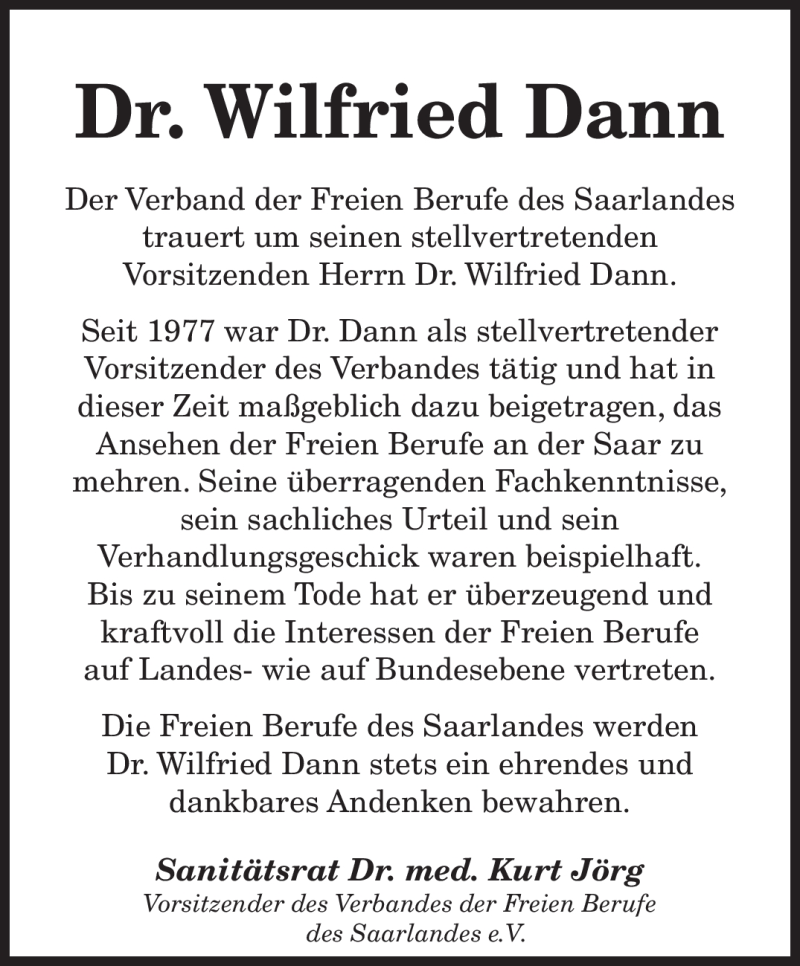  Traueranzeige für Wilfried Dann vom 03.03.2010 aus SAARBRÜCKER ZEITUNG