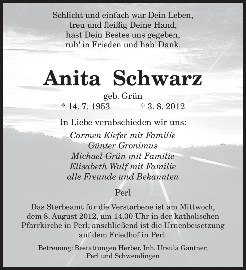  Traueranzeige für Anita Schwarz vom 06.08.2012 aus SAARBRÜCKER ZEITUNG