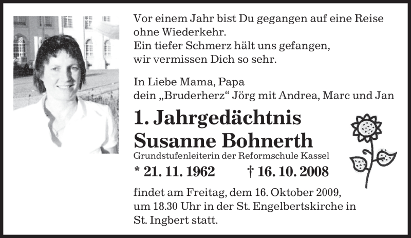  Traueranzeige für Susanne Bohnerth vom 16.10.2009 aus SAARBRÜCKER ZEITUNG