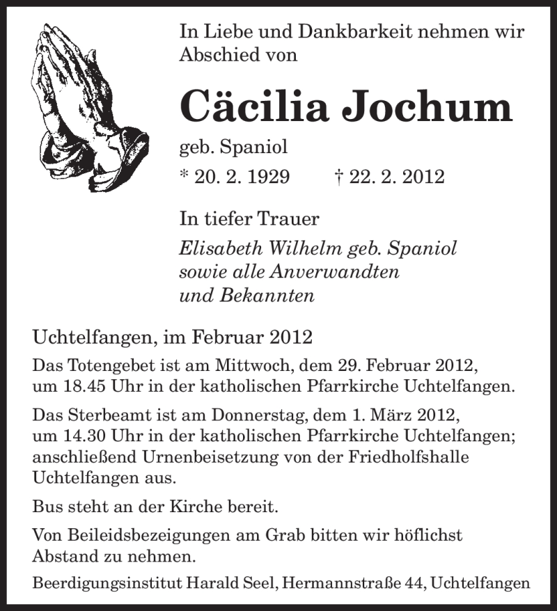  Traueranzeige für Cäcilia Jochum vom 28.02.2012 aus SAARBRÜCKER ZEITUNG