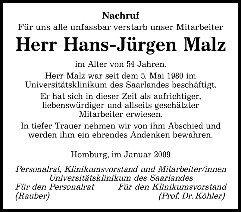  Traueranzeige für Hans-Jürgen Malz vom 05.02.2009 aus SAARBRÜCKER ZEITUNG