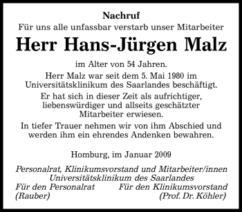 Traueranzeige von Hans-Jürgen Malz von SAARBRÜCKER ZEITUNG