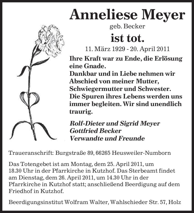  Traueranzeige für Anneliese Meyer vom 23.04.2011 aus SAARBRÜCKER ZEITUNG