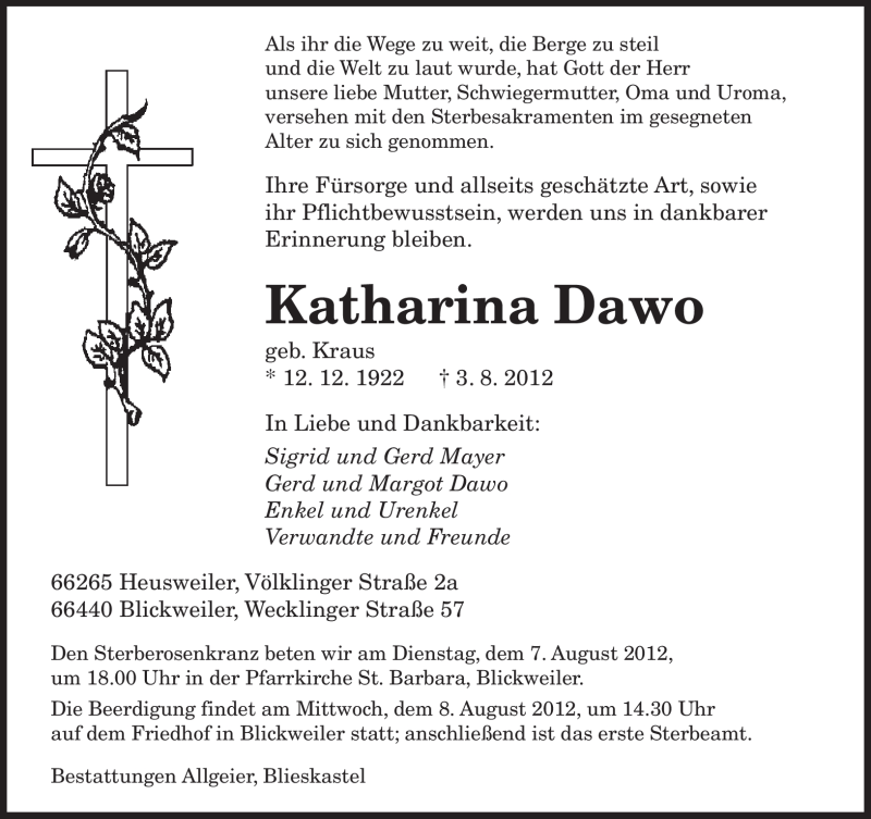  Traueranzeige für Katharina Dawo vom 06.08.2012 aus SAARBRÜCKER ZEITUNG