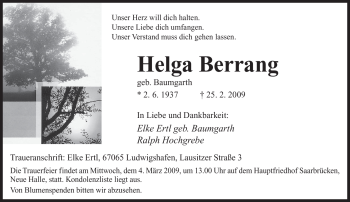 Traueranzeige von Helga Berrang von SAARBRÜCKER ZEITUNG