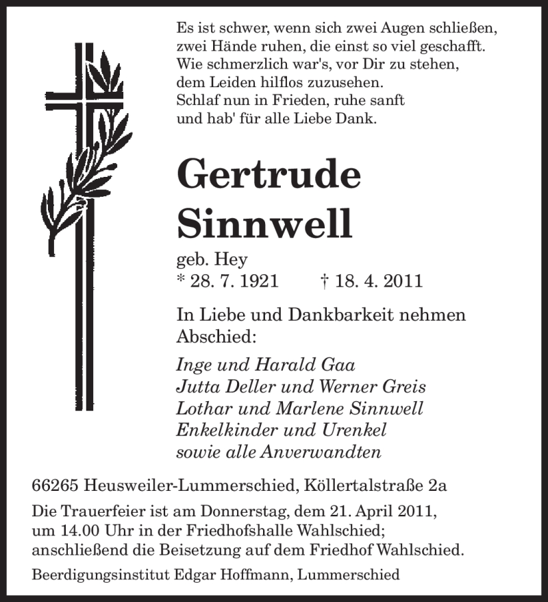 Traueranzeige für Gertrude Sinnwell vom 19.04.2011 aus SAARBRÜCKER ZEITUNG