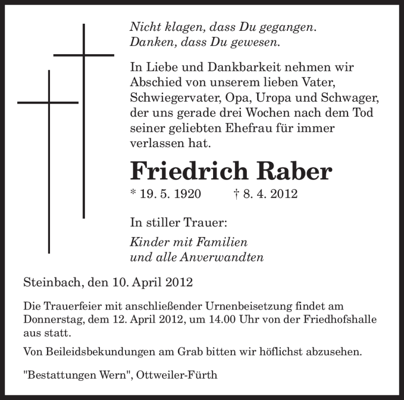  Traueranzeige für Friedrich Raber vom 10.04.2012 aus SAARBRÜCKER ZEITUNG