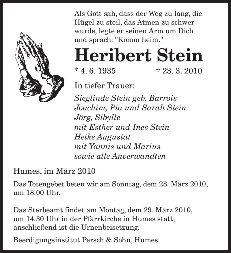  Traueranzeige für Heribert Stein vom 27.03.2010 aus SAARBRÜCKER ZEITUNG