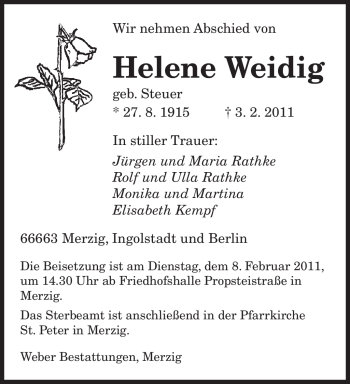 Traueranzeige von Helene Weidig von SAARBRÜCKER ZEITUNG