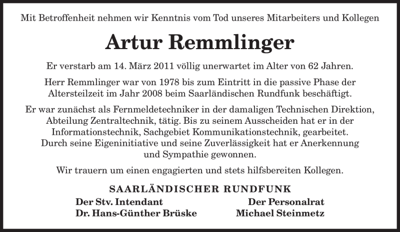  Traueranzeige für Artur Remmlinger vom 18.03.2011 aus SAARBRÜCKER ZEITUNG