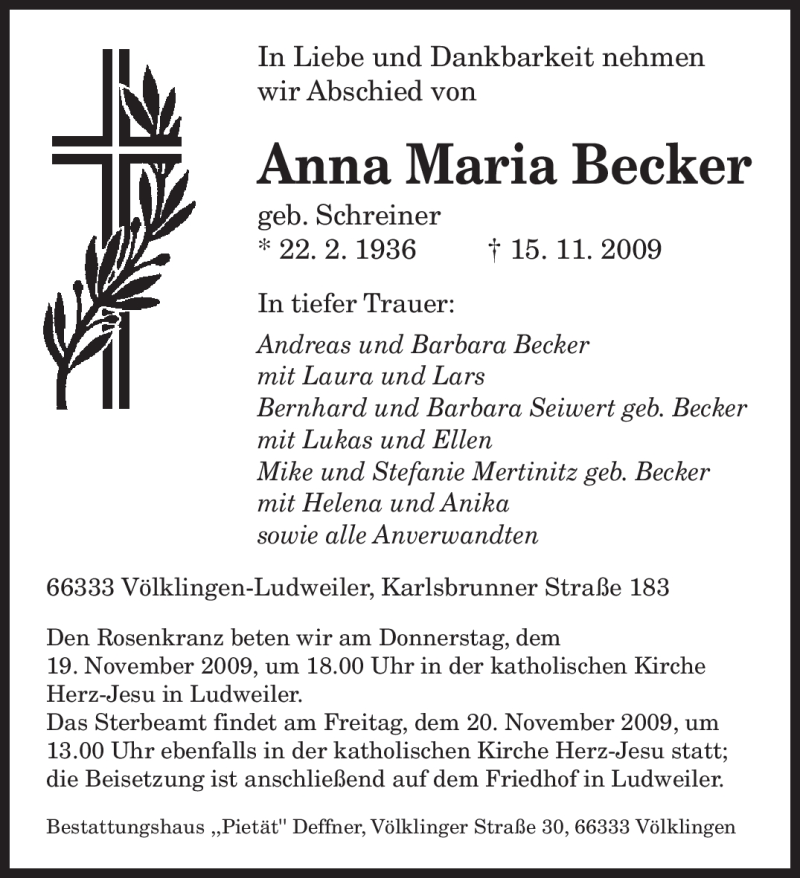  Traueranzeige für Anna Maria Becker vom 18.11.2009 aus SAARBRÜCKER ZEITUNG