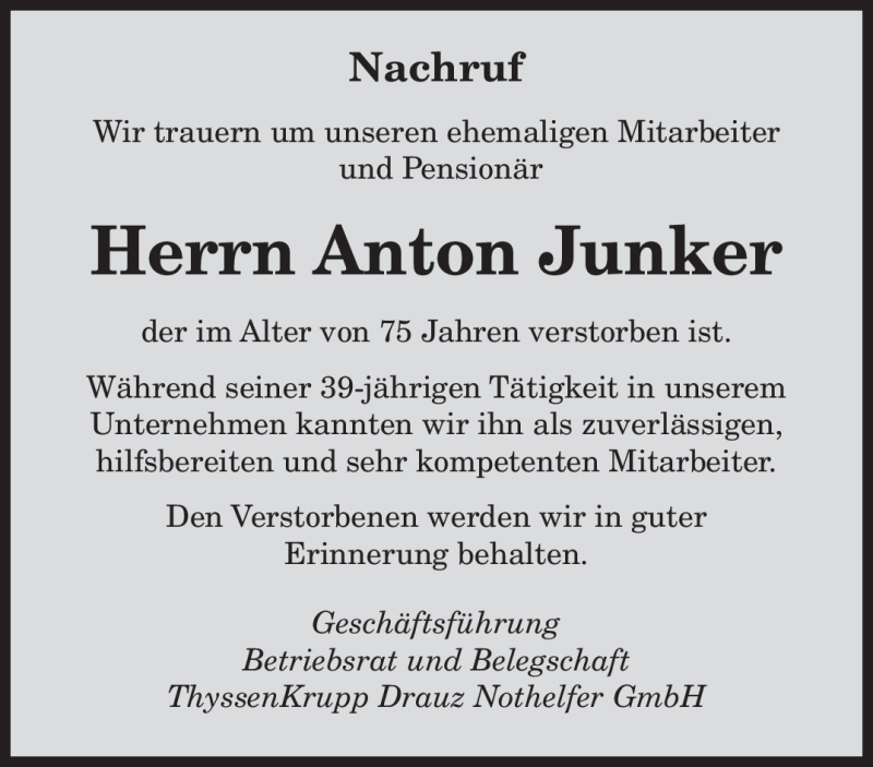  Traueranzeige für Anton Junker vom 18.02.2010 aus SAARBRÜCKER ZEITUNG