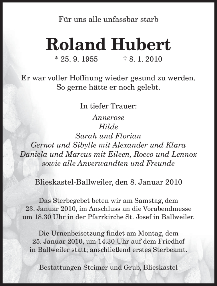 Traueranzeigen von Roland Hubert SaarbrueckerZeitung.Trauer.de