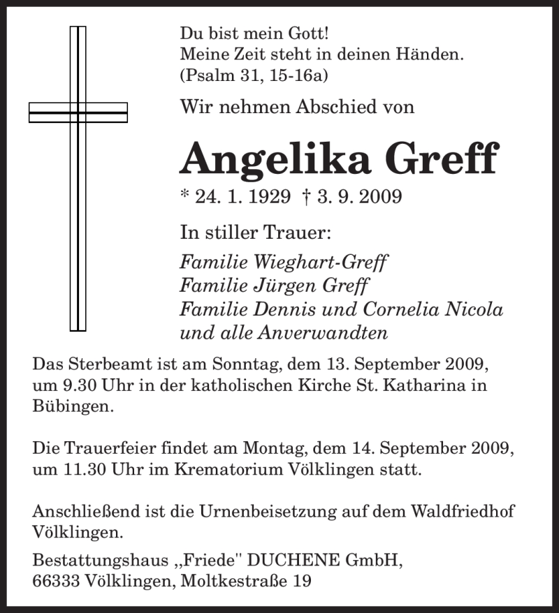  Traueranzeige für Angelika Greff vom 09.09.2009 aus SAARBRÜCKER ZEITUNG