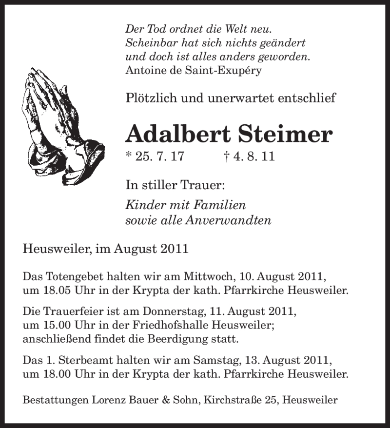  Traueranzeige für Adalbert Steimer vom 09.08.2011 aus SAARBRÜCKER ZEITUNG