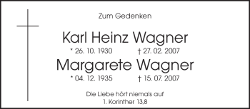 Traueranzeige von Karl Heinz Wagner von SAARBRÜCKER ZEITUNG