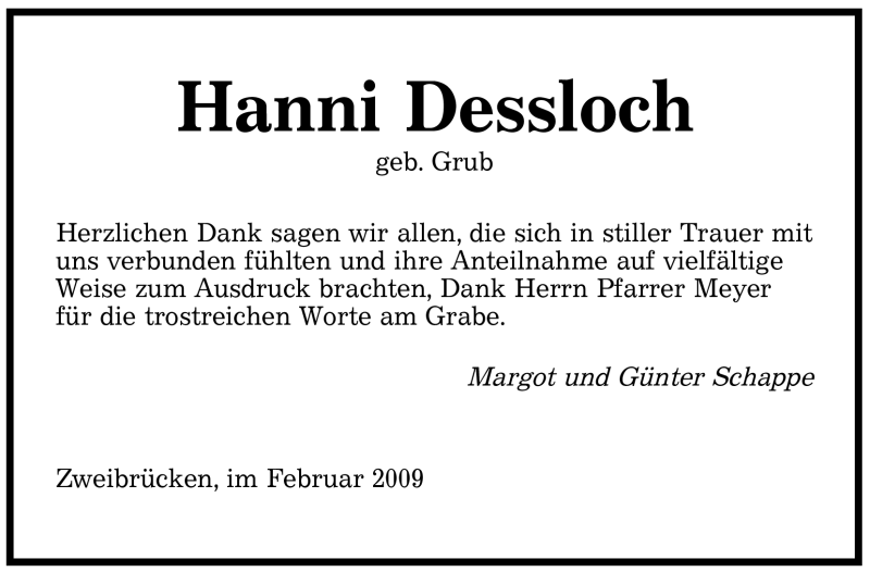 Traueranzeige für Hanni Dessloch vom 28.02.2009 aus SAARBRÜCKER ZEITUNG