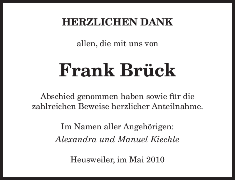  Traueranzeige für Frank Brück vom 29.05.2010 aus SAARBRÜCKER ZEITUNG