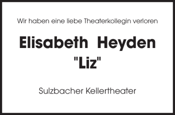 Traueranzeige von Elisabeth Heyden von SAARBRÜCKER ZEITUNG