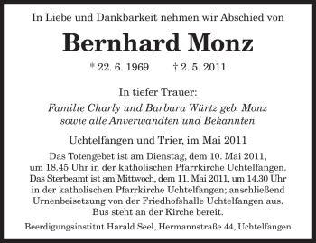 Traueranzeige von Bernhard Monz von SAARBRÜCKER ZEITUNG