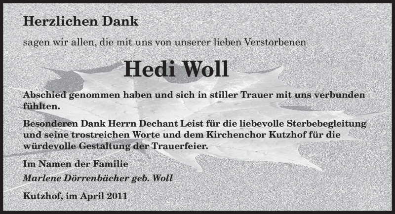  Traueranzeige für Hedi Woll vom 19.04.2011 aus SAARBRÜCKER ZEITUNG