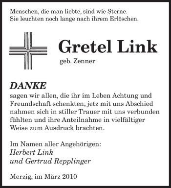 Traueranzeige von Gretel Link von SAARBRÜCKER ZEITUNG