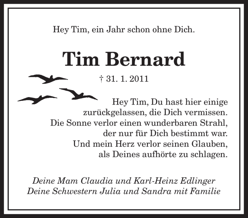  Traueranzeige für Tim Bernard vom 31.01.2012 aus SAARBRÜCKER ZEITUNG