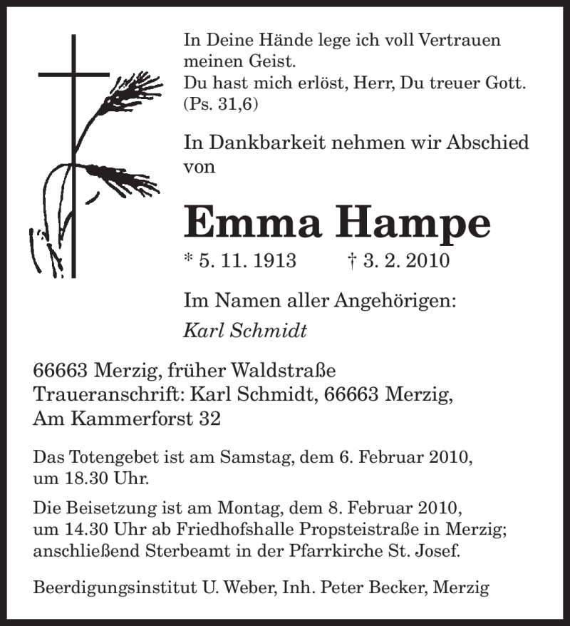  Traueranzeige für Emma Hampe vom 05.02.2010 aus SAARBRÜCKER ZEITUNG