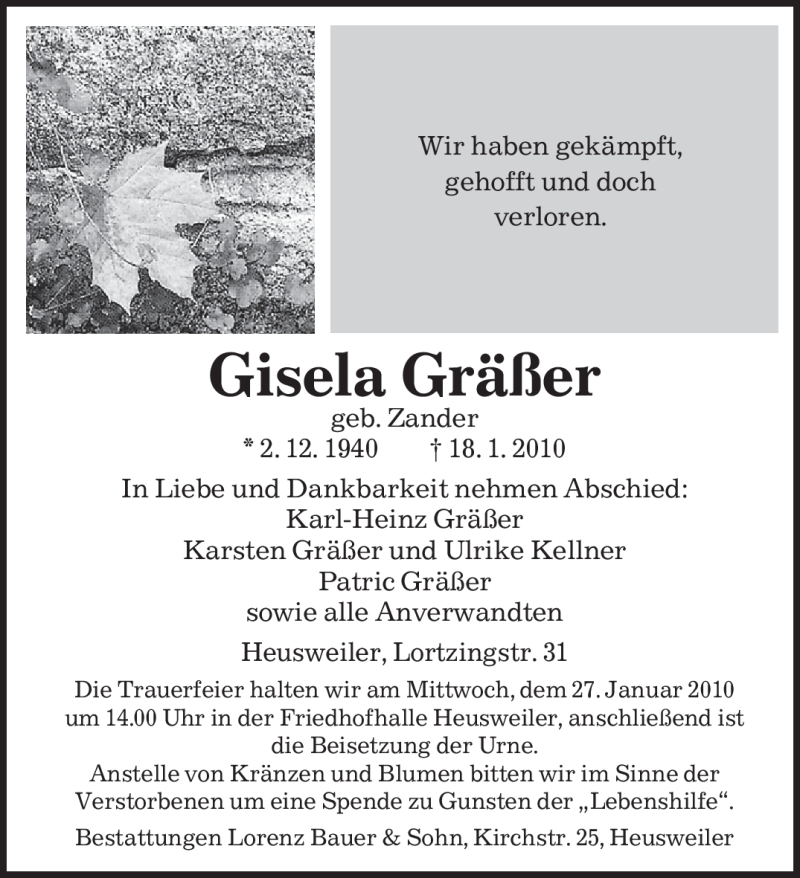  Traueranzeige für Gisela Gräßer vom 23.01.2010 aus SAARBRÜCKER ZEITUNG