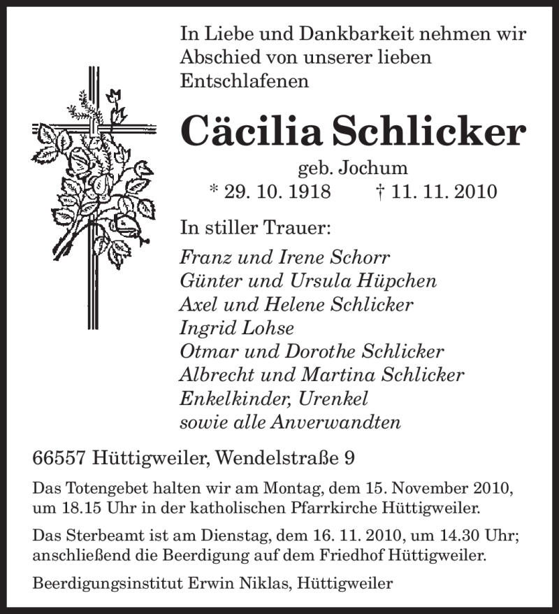  Traueranzeige für Cäcilia Schlicker vom 13.11.2010 aus SAARBRÜCKER ZEITUNG