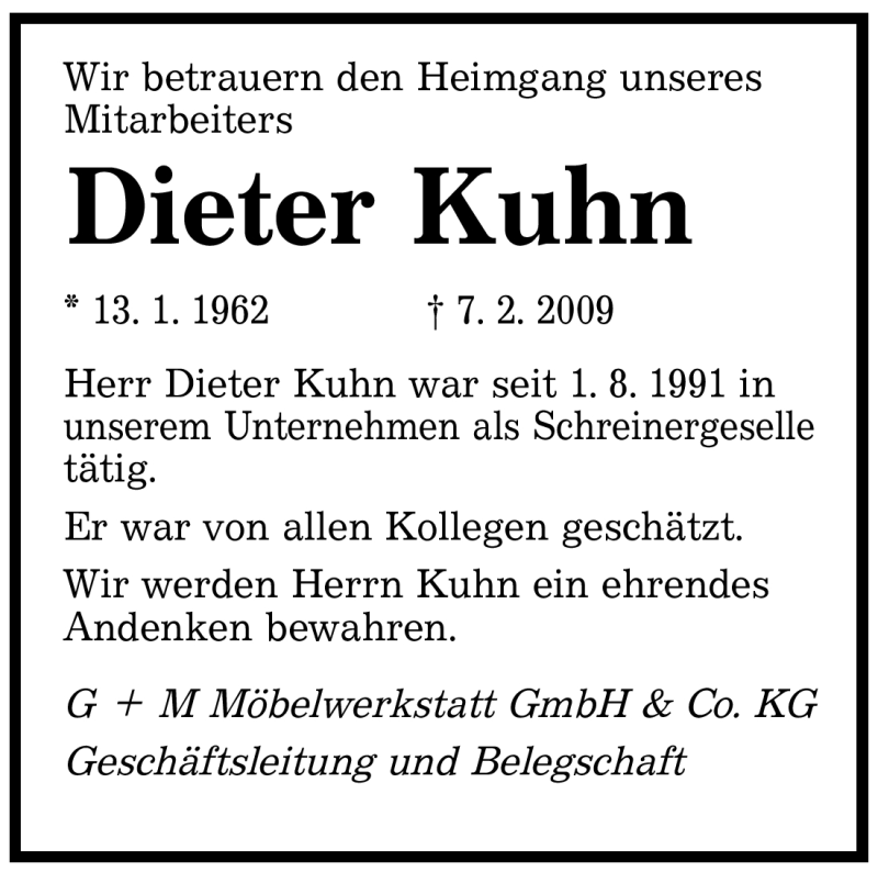  Traueranzeige für Dieter Kuhn vom 11.02.2009 aus SAARBRÜCKER ZEITUNG