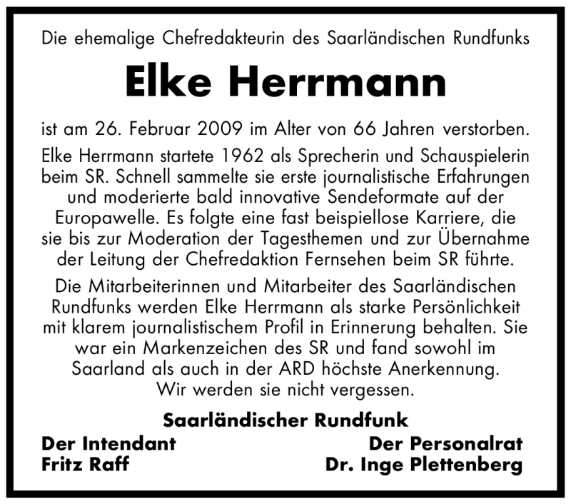  Traueranzeige für Elke Herrmann vom 04.03.2009 aus SAARBRÜCKER ZEITUNG