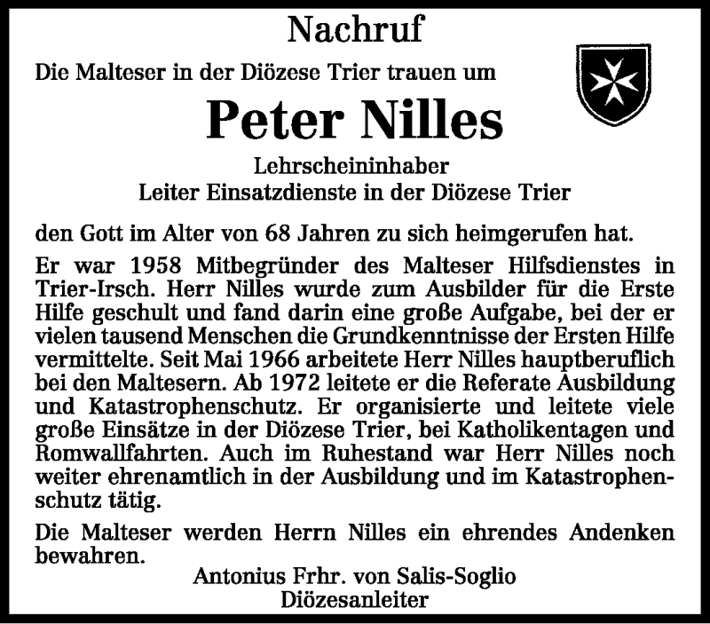  Traueranzeige für Peter Nilles vom 10.02.2009 aus SAARBRÜCKER ZEITUNG
