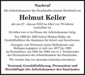 Traueranzeige von Helmut Keller von SAARBRÜCKER ZEITUNG