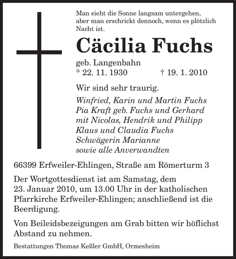  Traueranzeige für Cäcilia Fuchs vom 21.01.2010 aus SAARBRÜCKER ZEITUNG