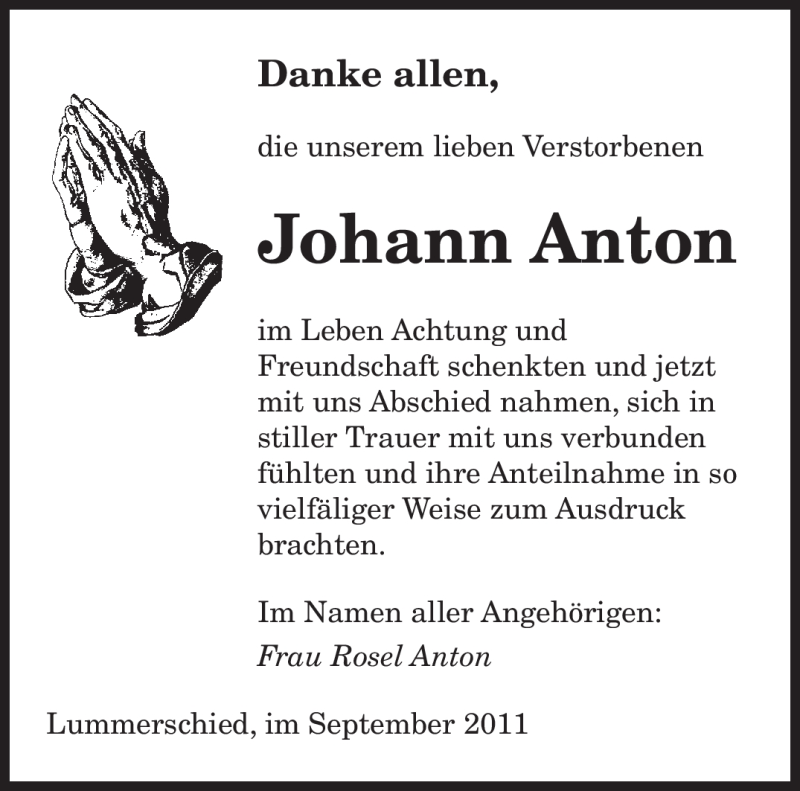  Traueranzeige für Johann Anton vom 15.09.2011 aus SAARBRÜCKER ZEITUNG