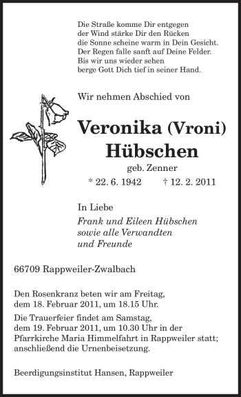 Traueranzeige von Veronika Hübschen von SAARBRÜCKER ZEITUNG