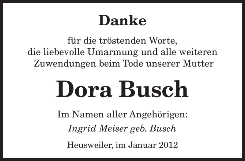  Traueranzeige für Dora Busch vom 07.01.2012 aus SAARBRÜCKER ZEITUNG